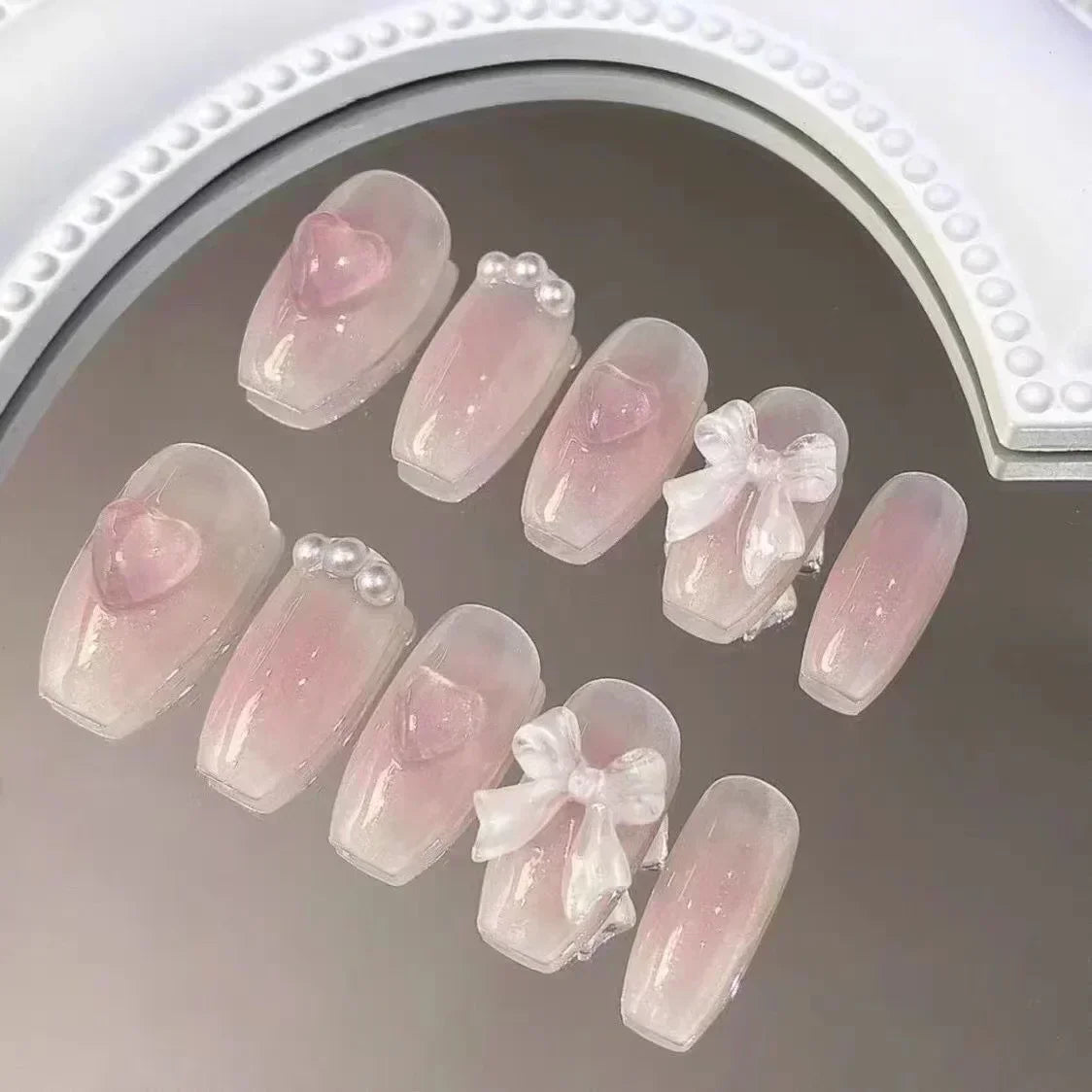 10 pezzi fatti a mano premere sulle unghie rosa unghie finte 3D