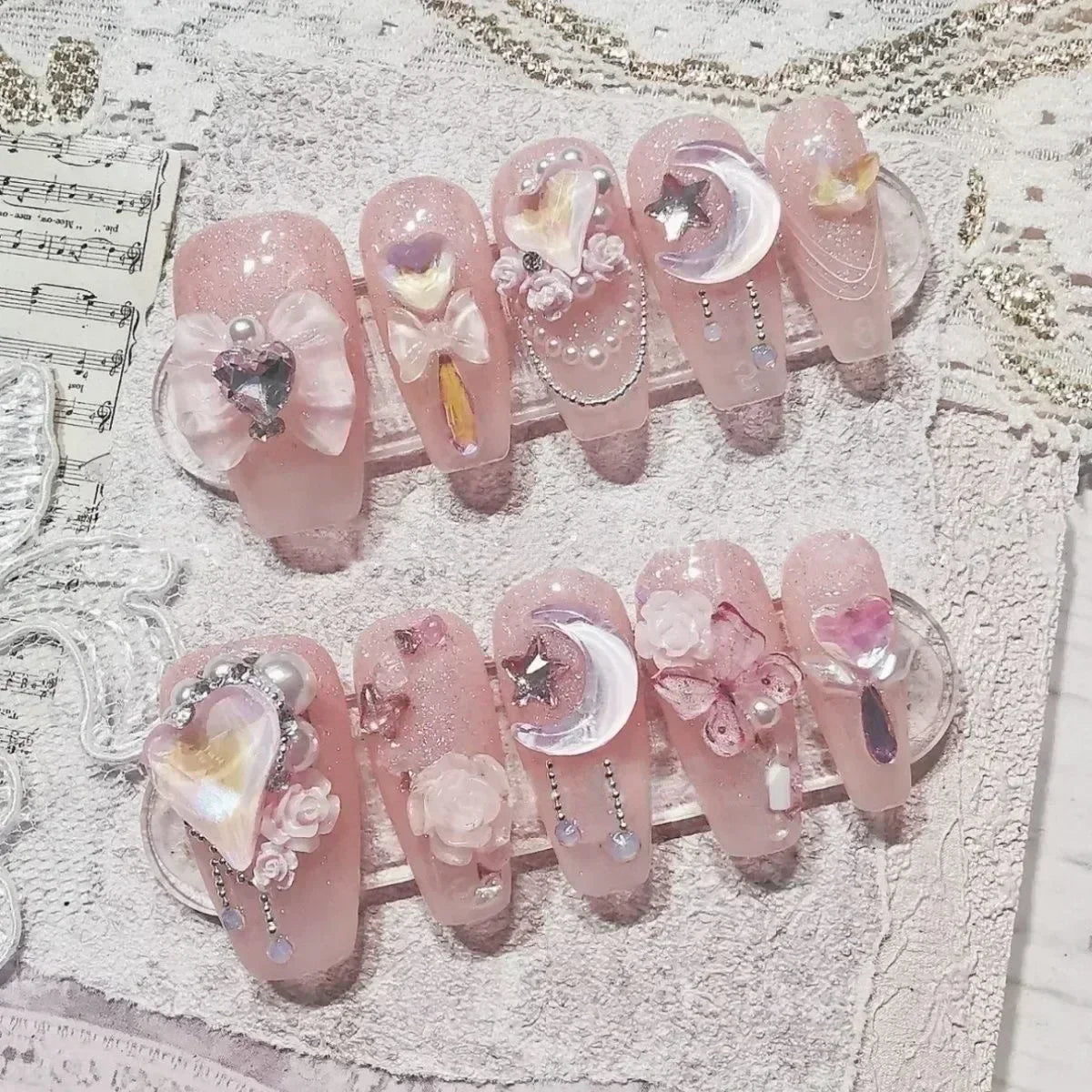 10 pezzi fatti a mano premere sulle unghie rosa unghie finte 3D