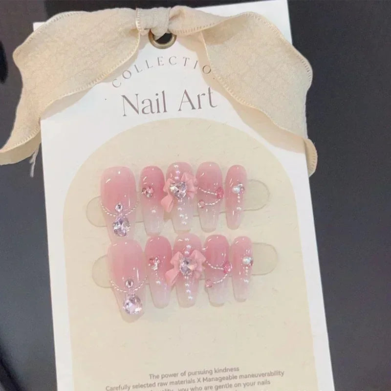 10 pezzi fatti a mano premere sulle unghie rosa unghie finte 3D