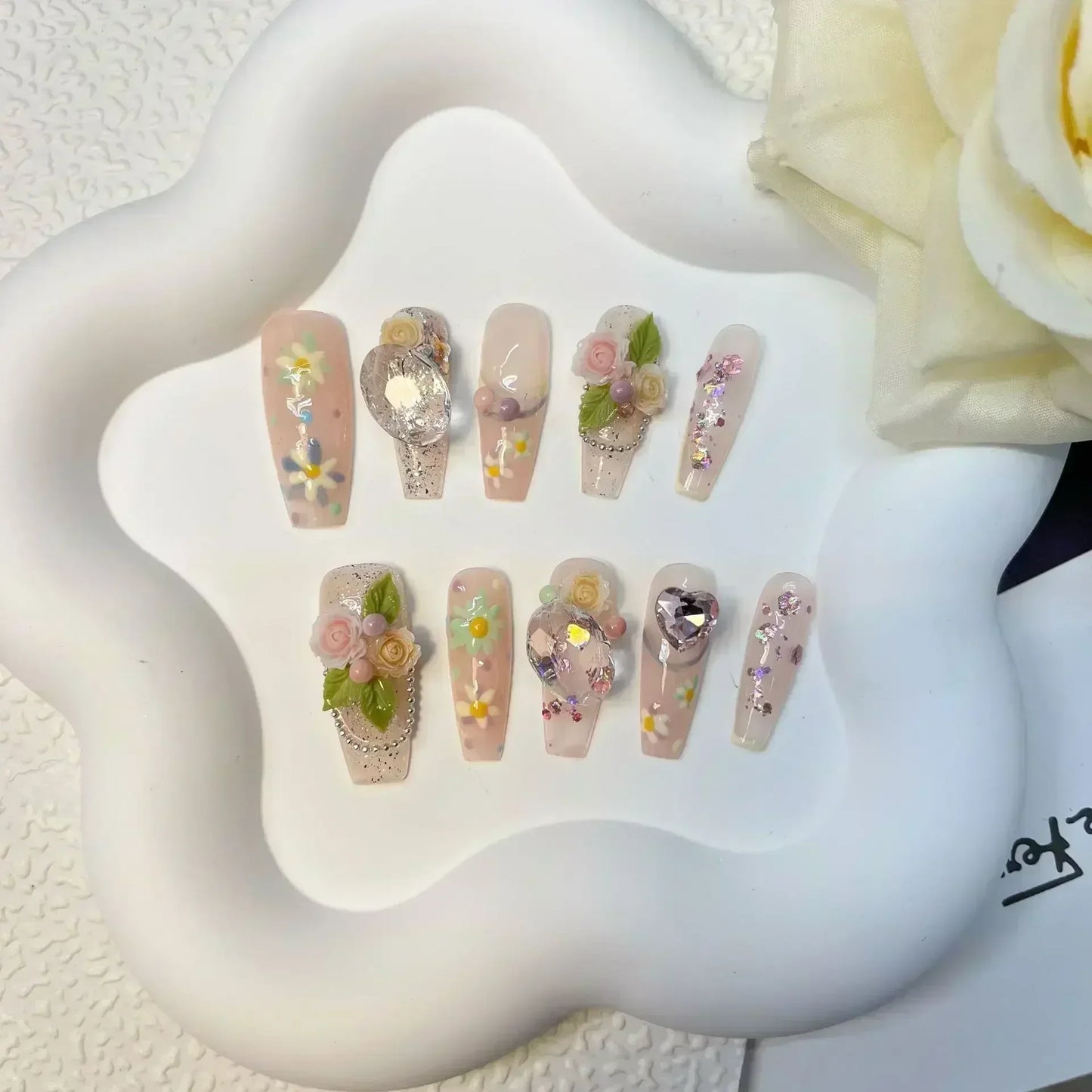 10 pezzi fatti a mano premere sulle unghie rosa unghie finte 3D