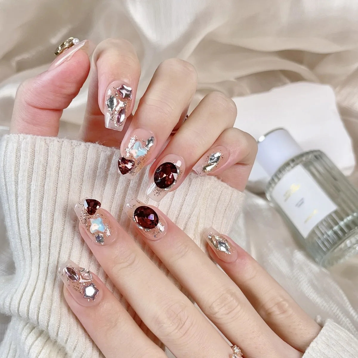 10 pezzi fatti a mano premere sulle unghie rosa unghie finte 3D