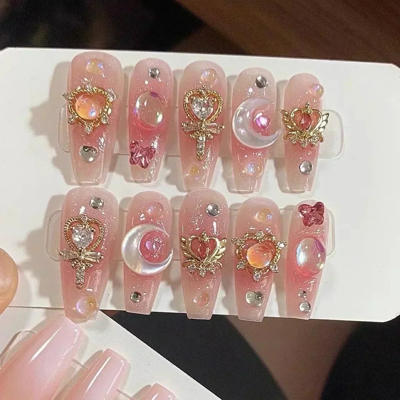 10 pezzi fatti a mano premere sulle unghie rosa unghie finte 3D