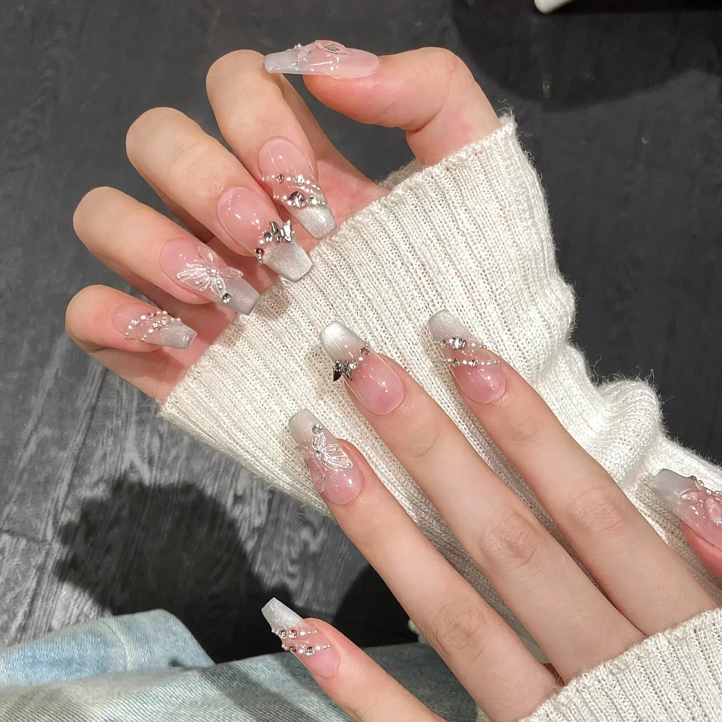 10 pezzi fatti a mano premere sulle unghie rosa unghie finte 3D