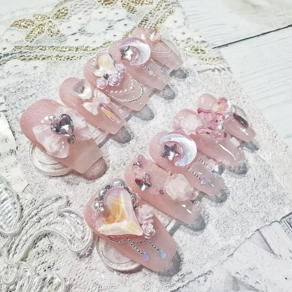10 pezzi fatti a mano premere sulle unghie rosa unghie finte 3D