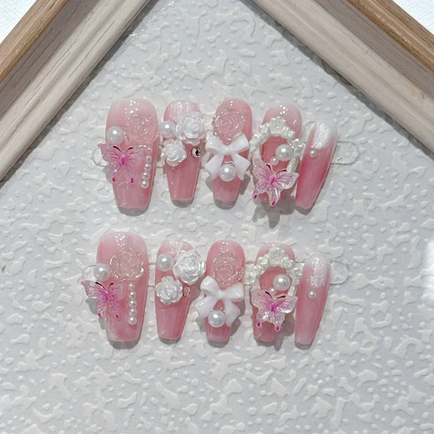 10 pezzi fatti a mano premere sulle unghie rosa unghie finte 3D